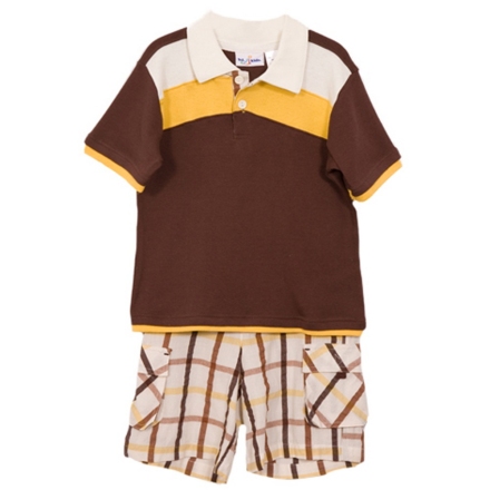 BT Kids Brown Color Block Polo & Plaid Shorts Set