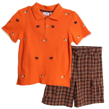 BT Kids Orange Safari Polo & Plaid Shorts Set