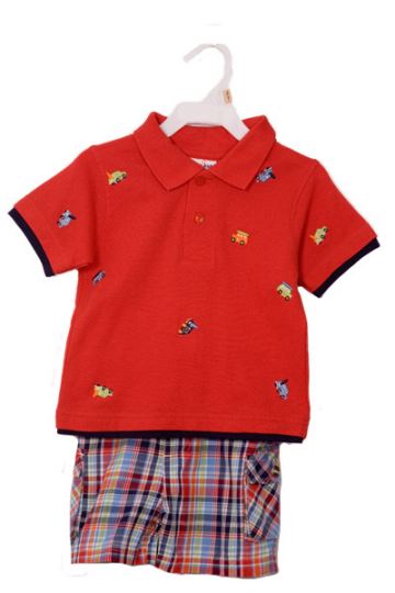 Boys Embroidered Red Polo and Plaid Shirts Set