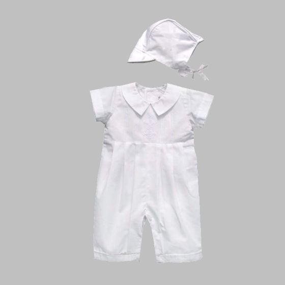 Elegant Stitched Boy's Christening Romper & Bonnet