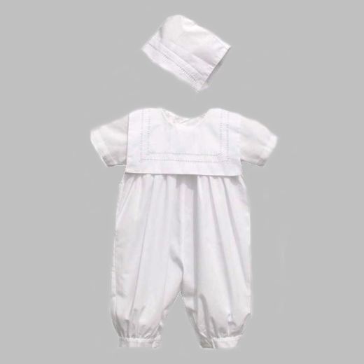 Close-Out Boy's Hand Fagoting Christening Romper & Bonnet