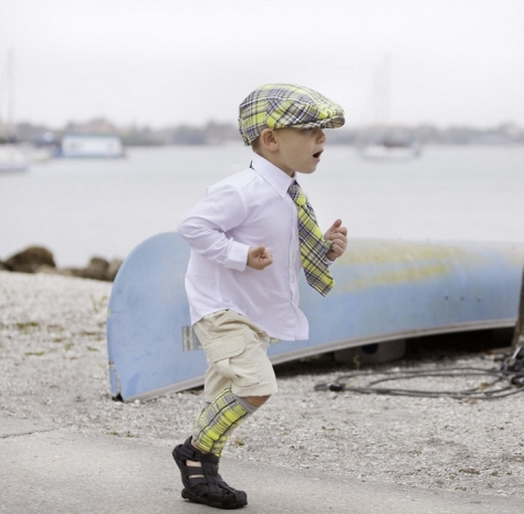 3 Pc Newsboy Hat, Tie & Leg Warmers Set - Yellow & Gray Plaid
