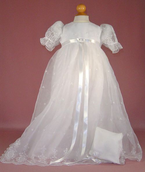 Long Christening Gown in Embroidered Organza With Bonnet