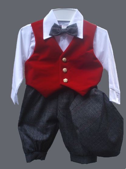 Red Velvet Vest & Gray Plaid Knickers Set