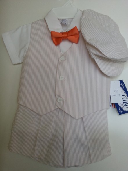 One-Of-A-Kind 2T Khaki Seersucker Shorts Set - Tangerine Bow Tie