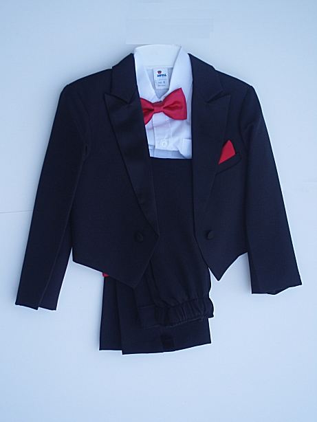Close-Out Black Tail-Less Tuxedo With Red Cummerbund