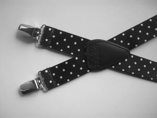 black-with-white-dots elastic suspenders